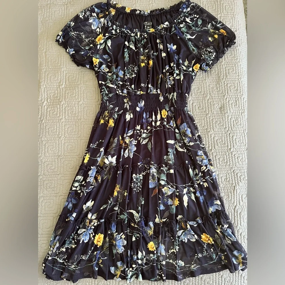 Kate and Lily Navy Floral Print Dress with Ruffled Sleeves - Plus Size - Picture 1 of 5